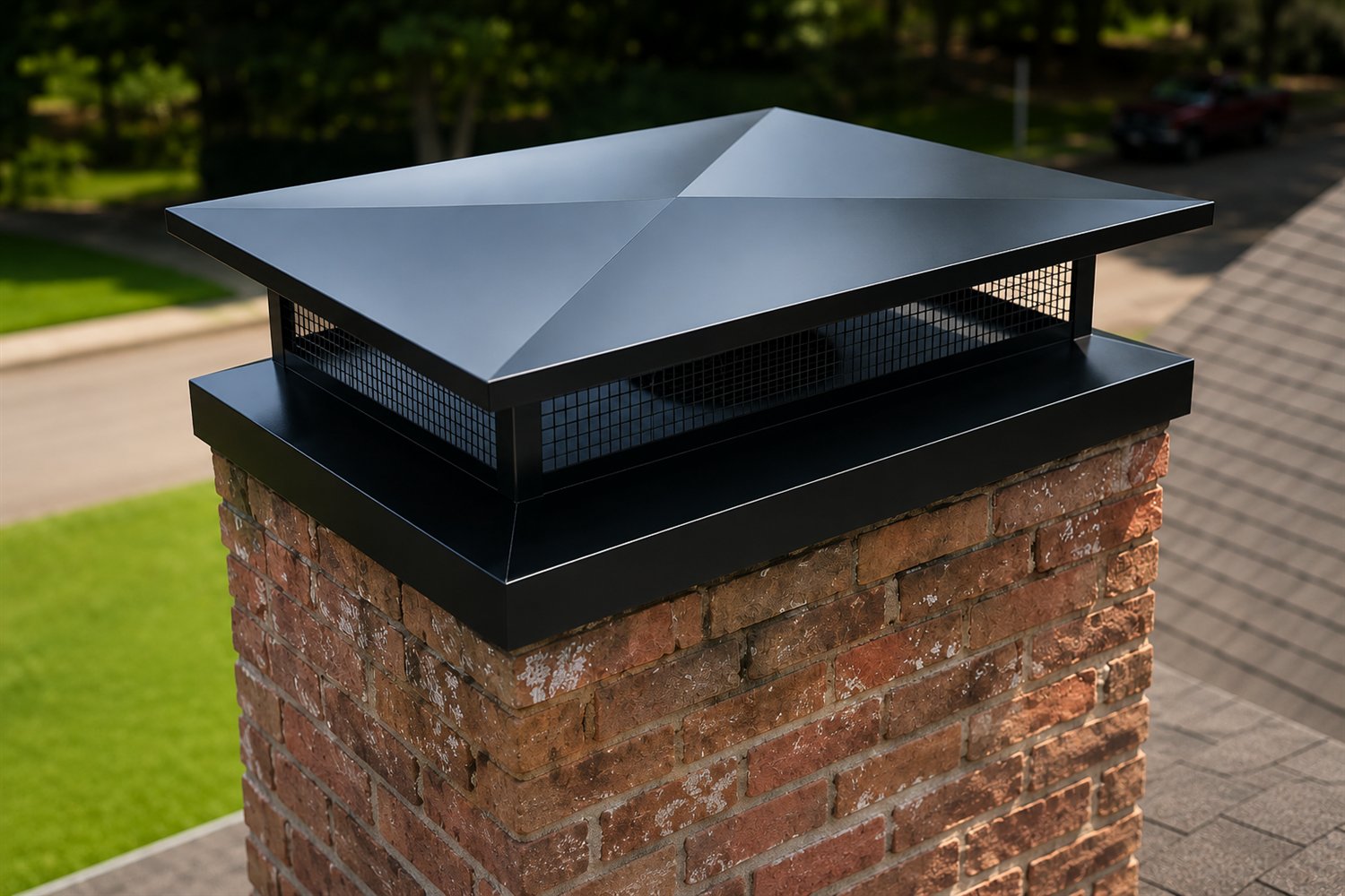 Custom black metal chimney cap on a brick chimney